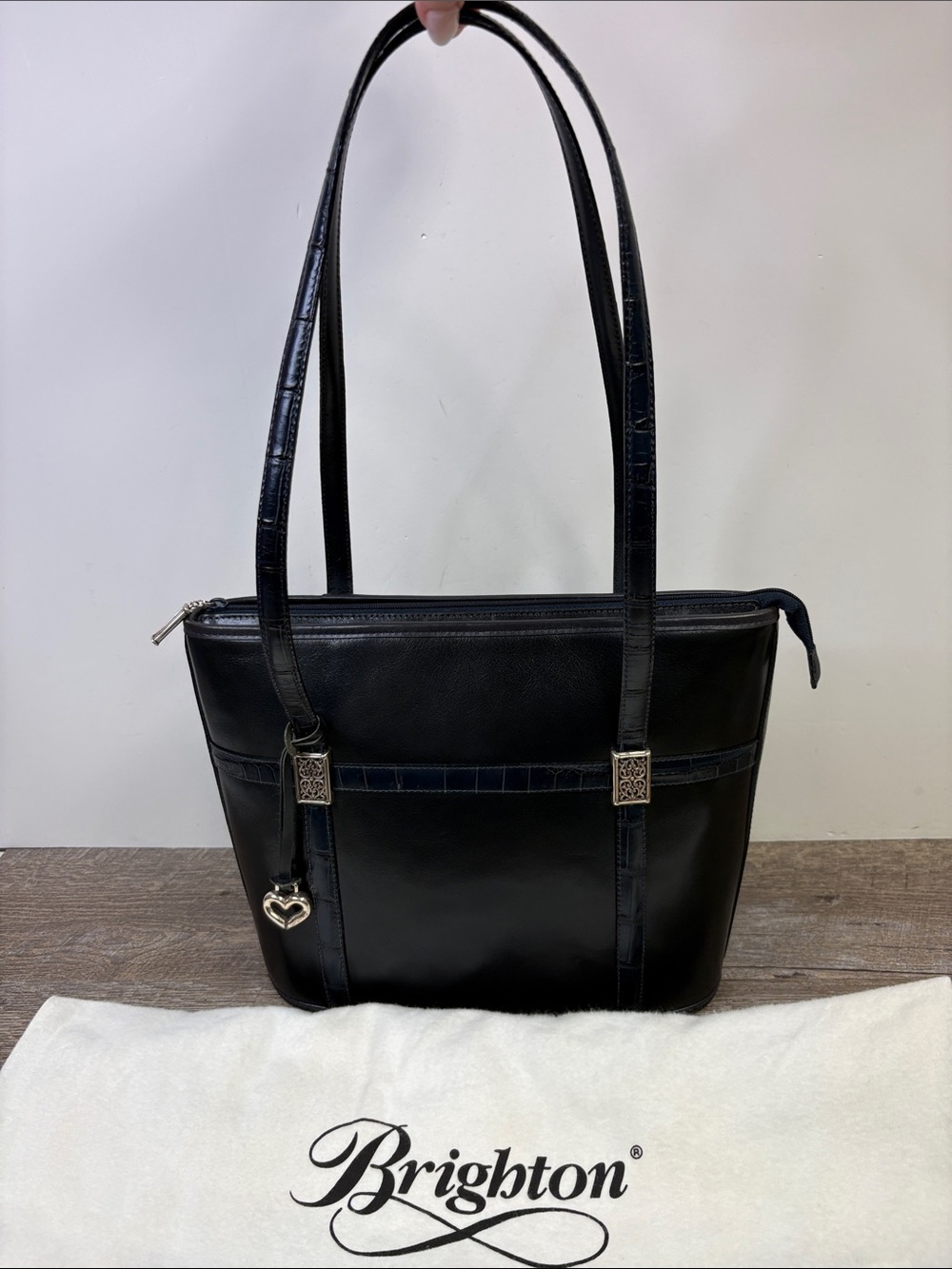 Brighton Navy Blue Leather Croc Trim Shoulder Tote Bag w/ Dust Bag